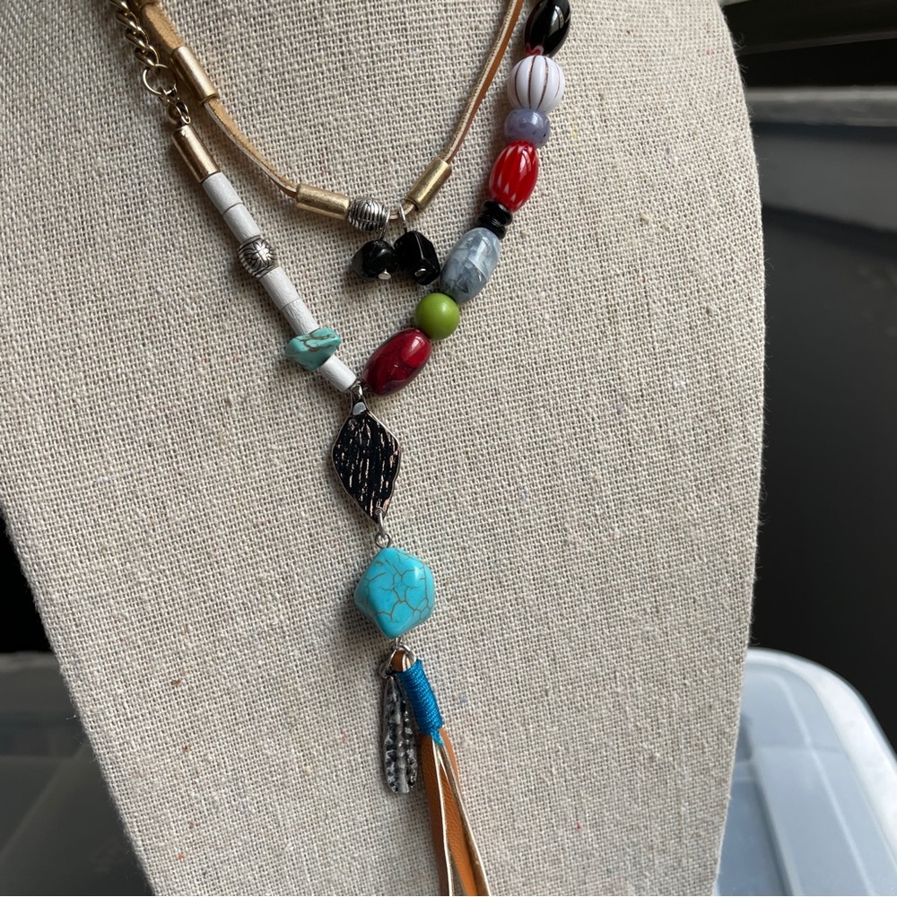 Colorful Beaded Lariat Layered Necklace with Turquoise & Silver Charms - Picture 13 of 16